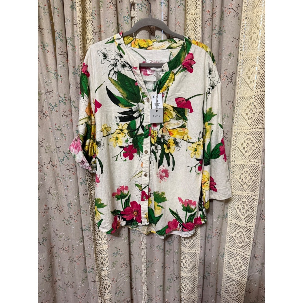 Cupio XL Linen Blend Floral Button Front Roll Tab Sleeve Blouse NWT